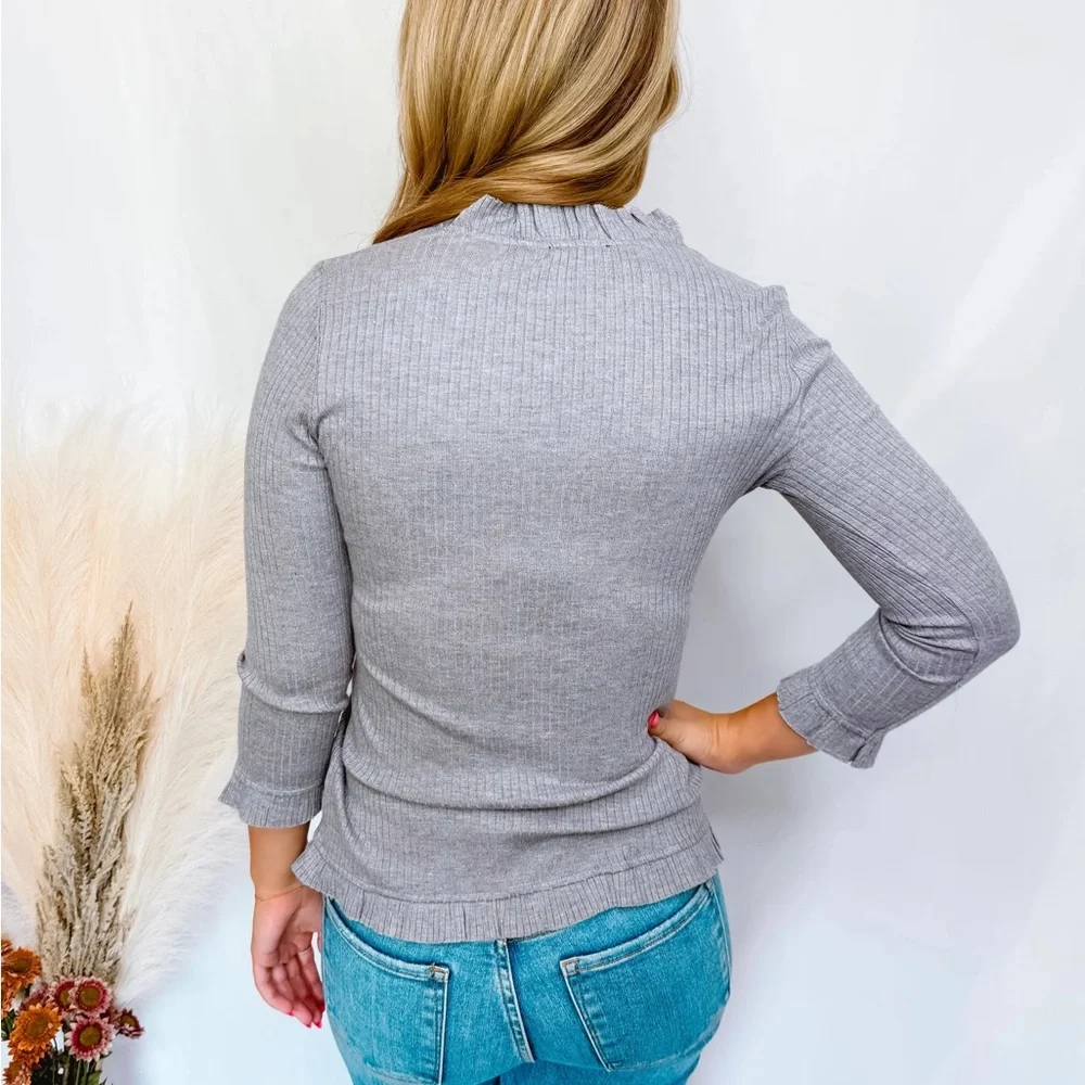 Doe & Rae Gray Ribbed Cardigan with Ruffle Trim - Picture 2 of 4